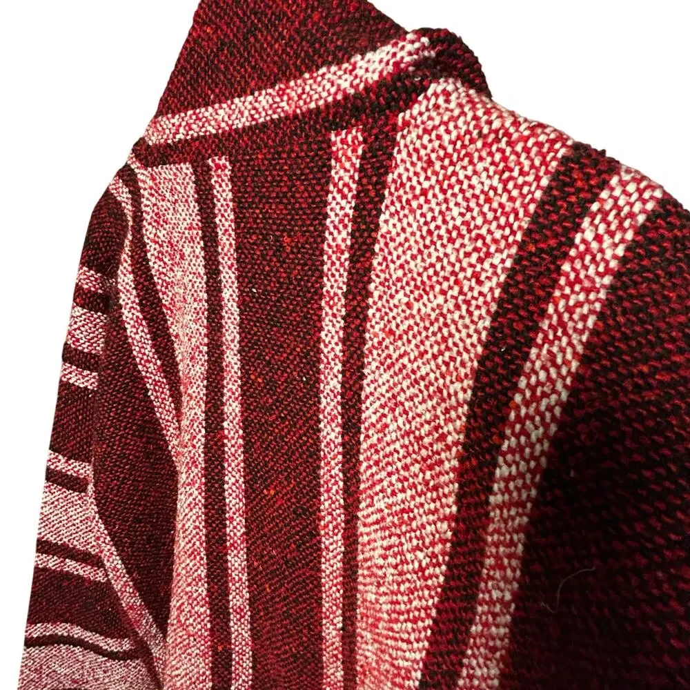 VTG Mexican Baja Hoodie Jerga Drug Rug Striped Red White Large Boho Gorpcore
